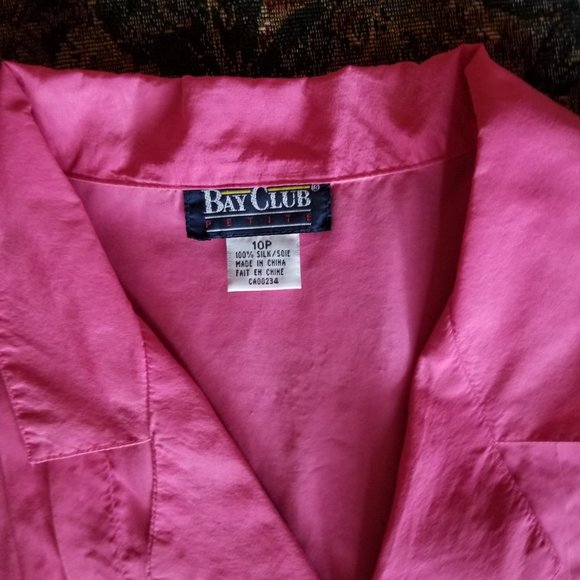 Silk, vintage 80s, open neck blouse, M, S, 10, front pleats, rose pink, The Bay - Picture 3 of 7